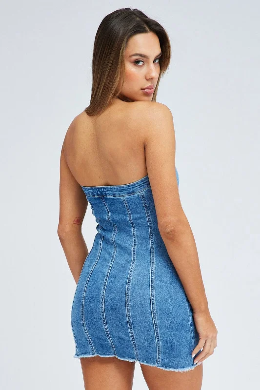 Denim Mini Dress Sleeveless Strapless Bodycon Denim