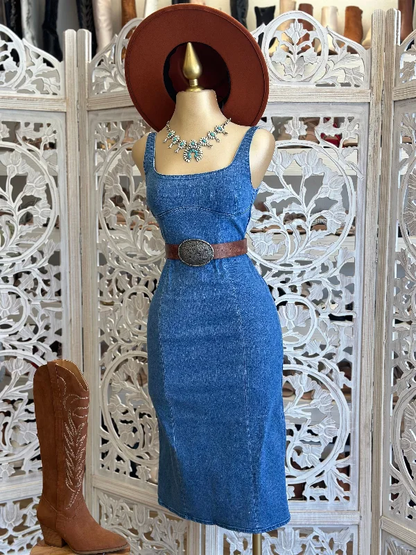 Denim Square Neck Midi Dress- Slightly Stretchy