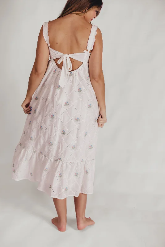 Lovelyn Empire-Waisted Midi Dress with Embroidered Flowers and Eyelet Details in White Multi Floral - Bump Friendly