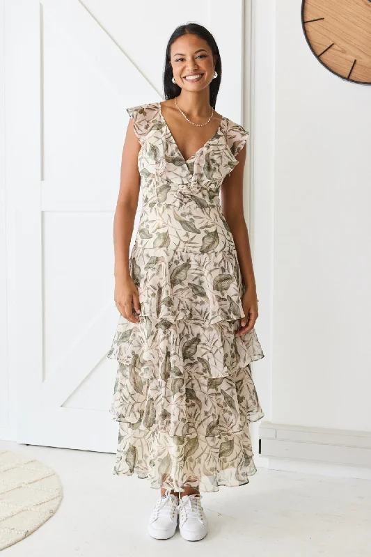 Everly Ivory Floral Flutter Sleeve Tiered Maxi Dress