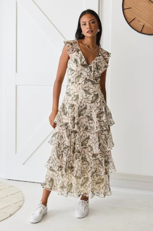 Everly Ivory Floral Flutter Sleeve Tiered Maxi Dress