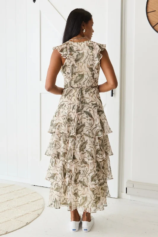 Everly Ivory Floral Flutter Sleeve Tiered Maxi Dress