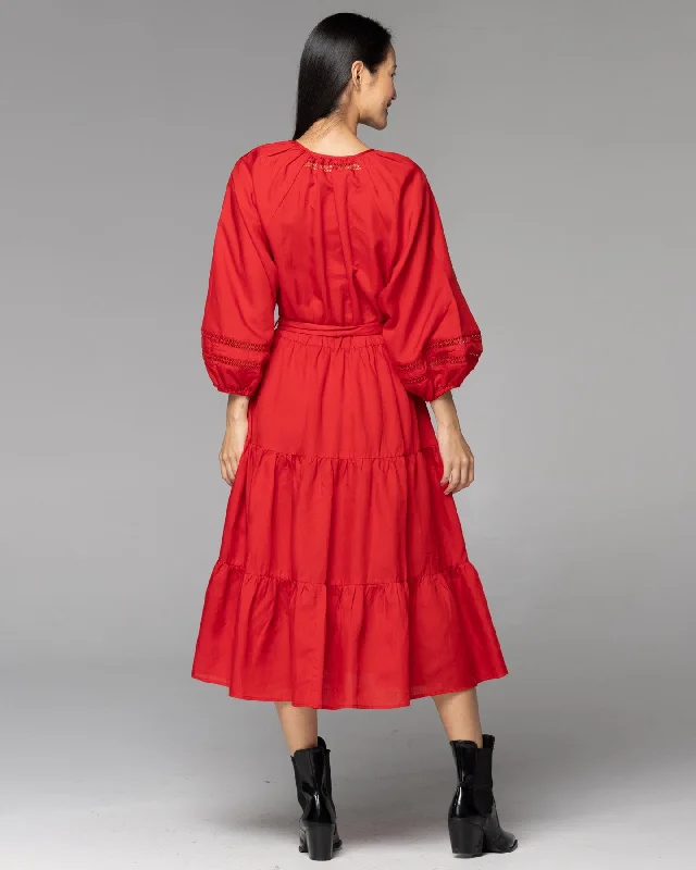 Fate Faraway Tiered Midi Dress Cherry Red