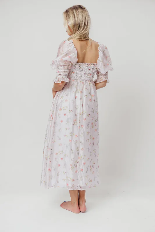 Rebecca Joy Smocked Midi Dress in Pink Roses - Bump Friendly & Inclusive Sizing (S-3XL)