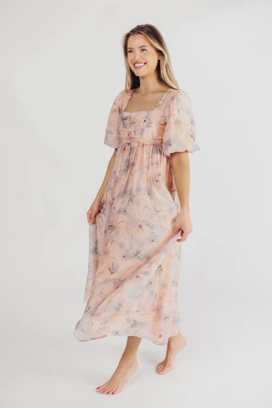 Eden Watercolor Midi Dress in Apricot/Blue Floral