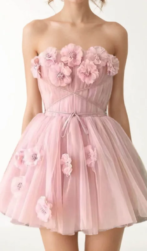 FLOWER-APPLIQUÉ STRAPLESS MINI DRESS IN PINK