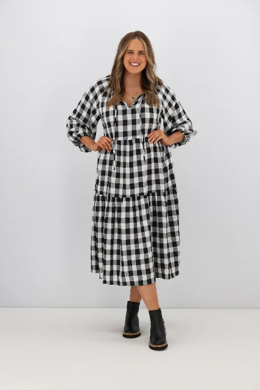 Fria Sammy Gingham 2 Tier Midi Dress Black