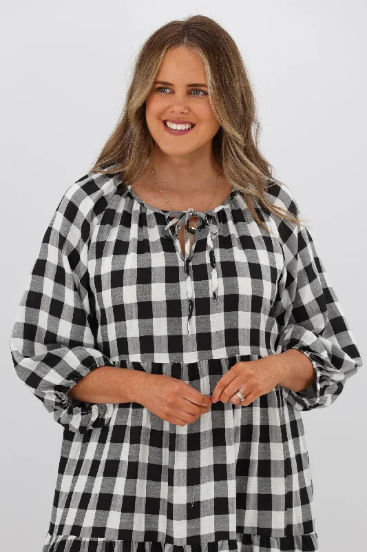 Fria Sammy Gingham 2 Tier Midi Dress Black