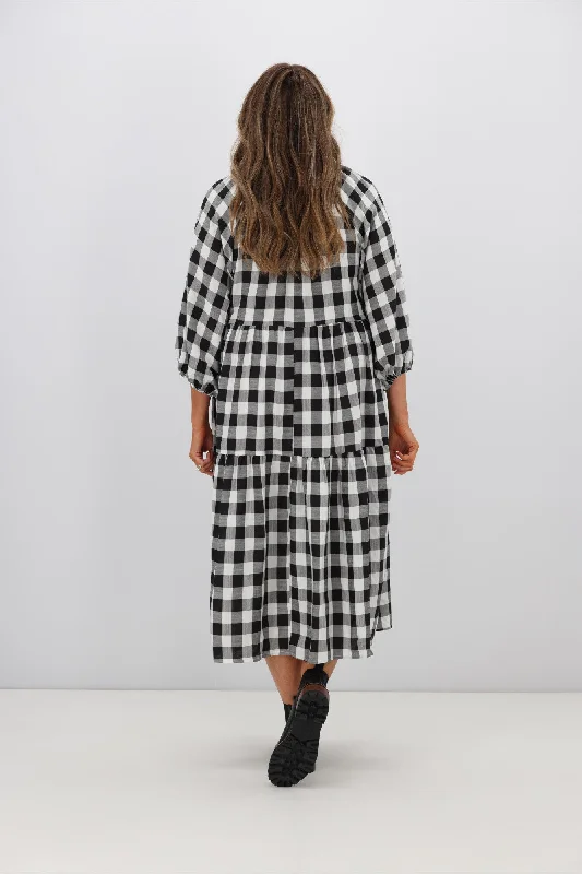 Fria Sammy Gingham 2 Tier Midi Dress Black