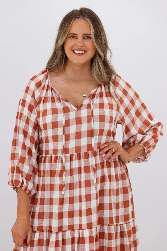 Fria Sammy Gingham 2 Tier Midi Dress Tan