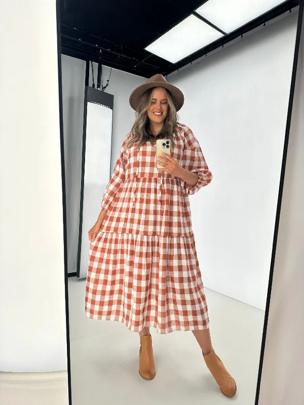 Fria Sammy Gingham 2 Tier Midi Dress Tan