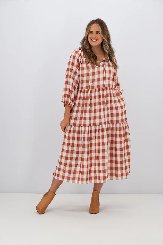 Fria Sammy Gingham 2 Tier Midi Dress Tan