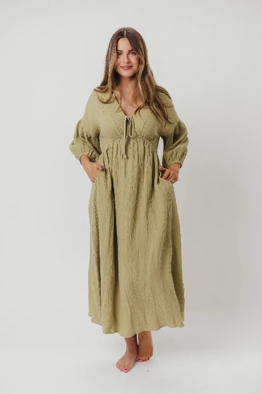 Hunter 100% Cotton Gauze Midi Dress in Thyme - Bump Friendly and Inclusive Sizing