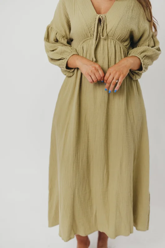 Hunter 100% Cotton Gauze Midi Dress in Thyme - Bump Friendly and Inclusive Sizing