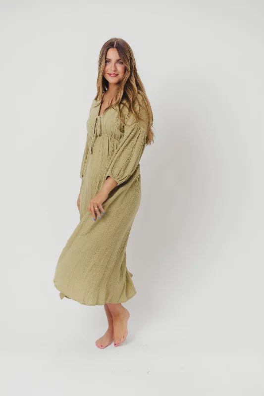 Hunter 100% Cotton Gauze Midi Dress in Thyme - Bump Friendly and Inclusive Sizing