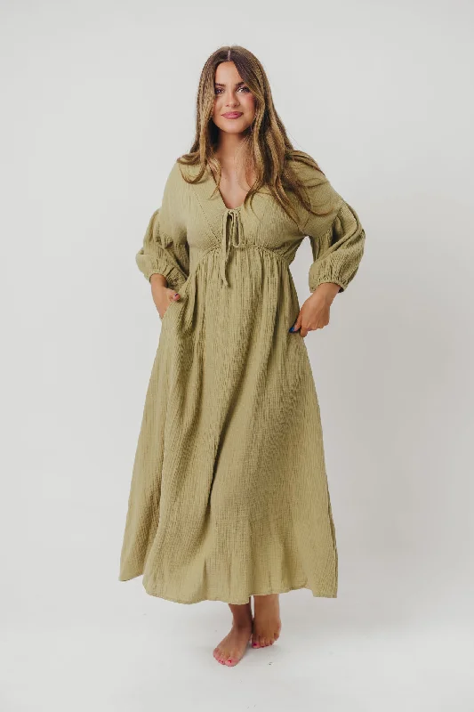 Hunter 100% Cotton Gauze Midi Dress in Thyme - Bump Friendly and Inclusive Sizing