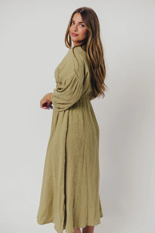 Hunter 100% Cotton Gauze Midi Dress in Thyme - Bump Friendly and Inclusive Sizing