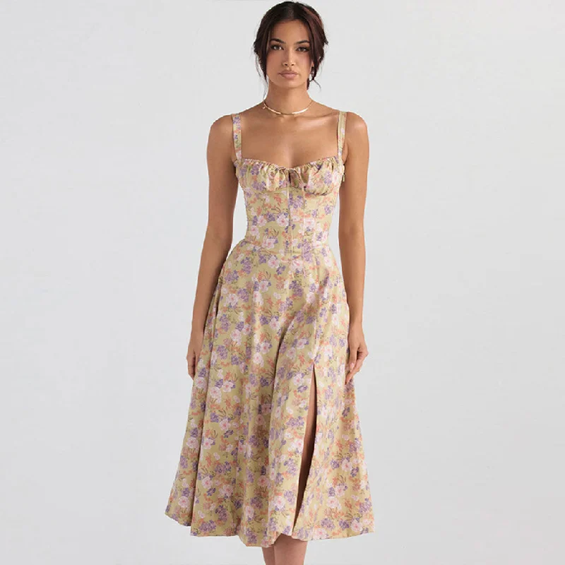 BerryBetty - Floral Printed Lace Up Back Tie String Slit Midi Sundress - Green