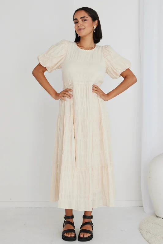 Graceful Ecru Shirred Cotton Bubble Sleeve Tiered Maxi Dress