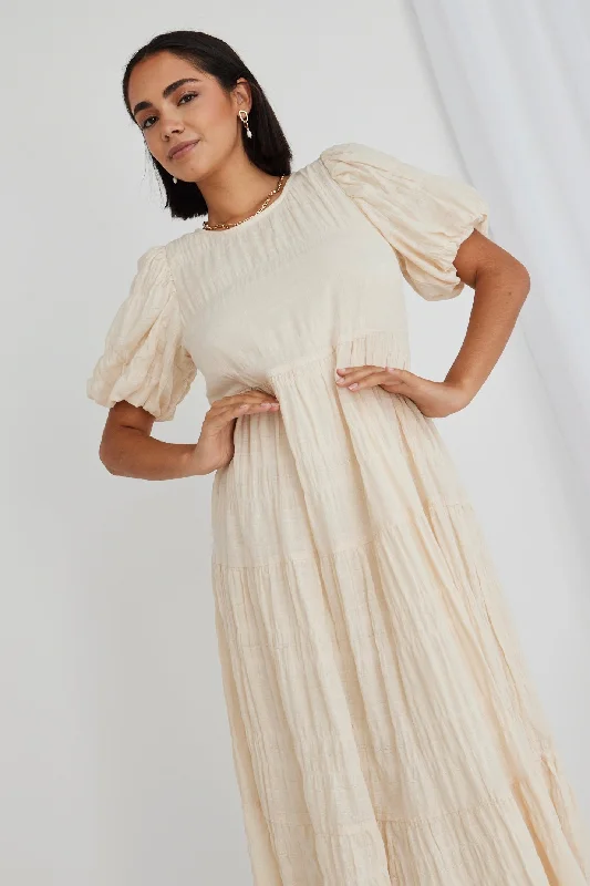 Graceful Ecru Shirred Cotton Bubble Sleeve Tiered Maxi Dress