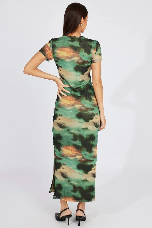 Green Abstract Maxi Dress Short Sleeve Bodycon Mesh