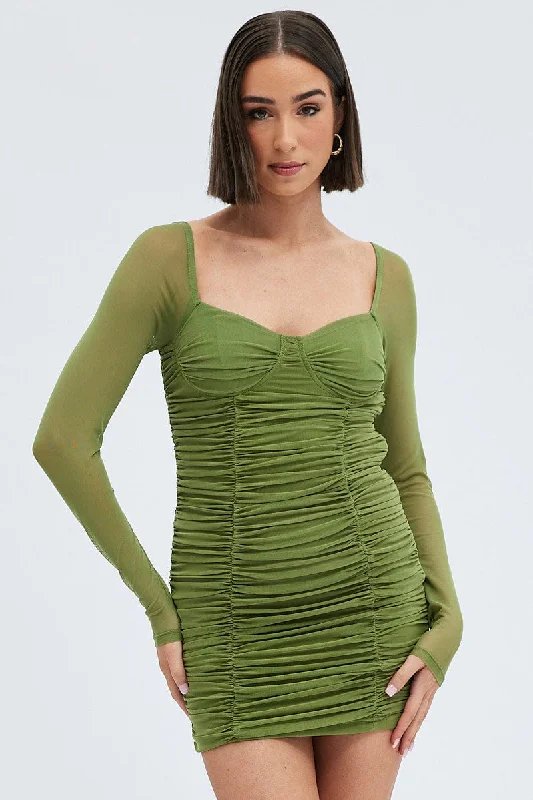 Green Bodycon Dress Corset Detail Mesh