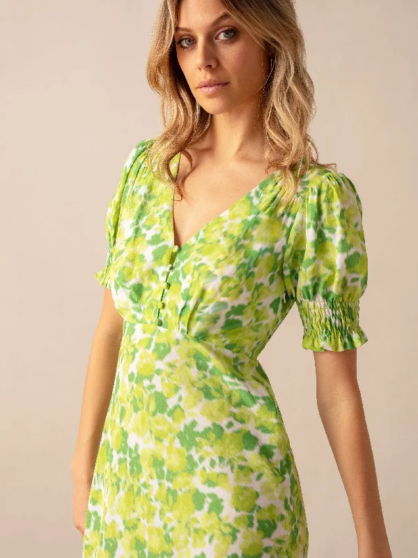 Green Botanical Floral Print Shirred Cuff Midi Dress