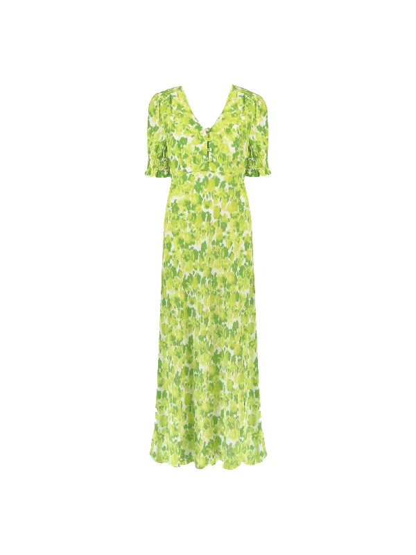 Green Botanical Floral Print Shirred Cuff Midi Dress