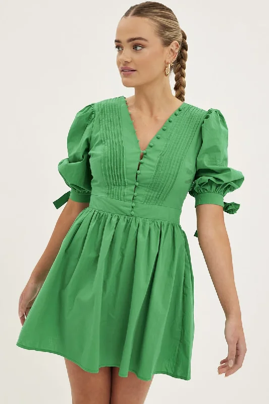 Green Button Dress Puff Sleeve V Neck Cotton