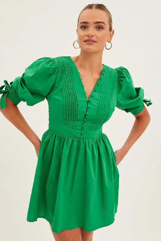 Green Button Dress Puff Sleeve V Neck Cotton