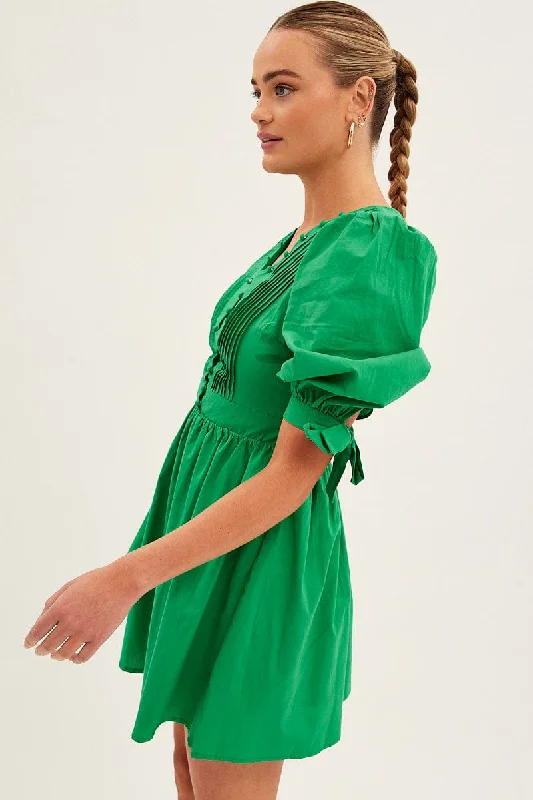 Green Button Dress Puff Sleeve V Neck Cotton