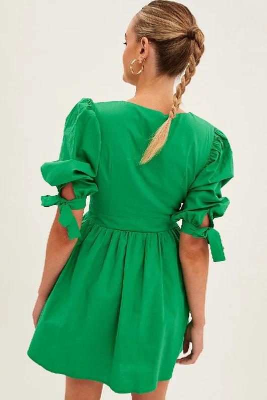 Green Button Dress Puff Sleeve V Neck Cotton