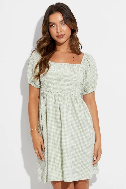 Green Check Fit And Flare Dress Short Sleeve Back Lace Up