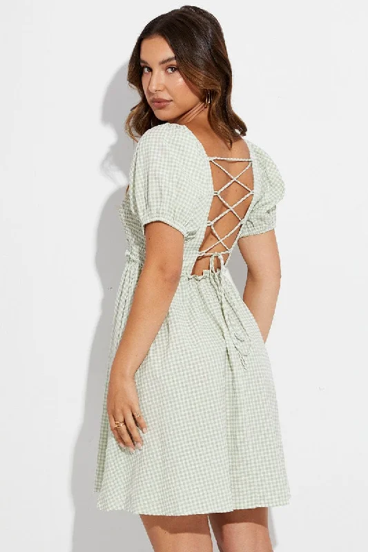 Green Check Fit And Flare Dress Short Sleeve Back Lace Up