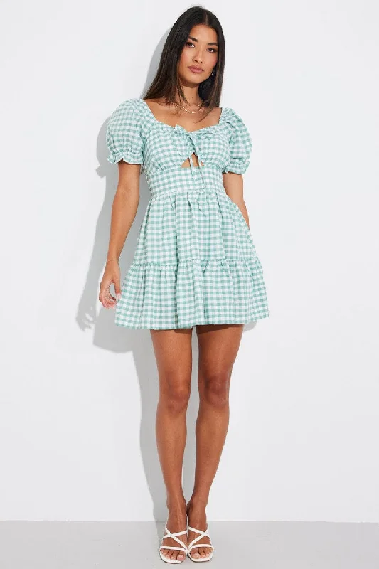 Green Check Fit and Flare Dress Short Sleeve Tiered Cut Out