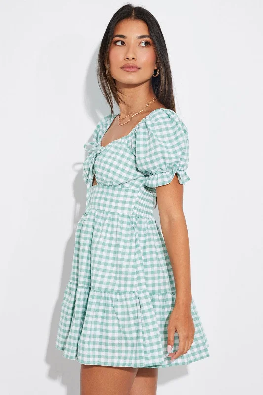 Green Check Fit and Flare Dress Short Sleeve Tiered Cut Out