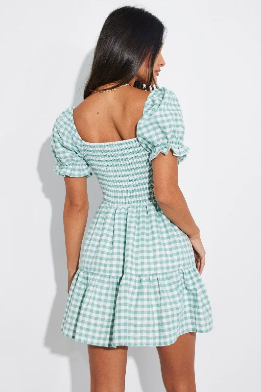 Green Check Fit and Flare Dress Short Sleeve Tiered Cut Out