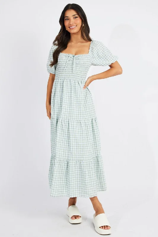 Green Check Maxi Dress Short Sleeve Shirred