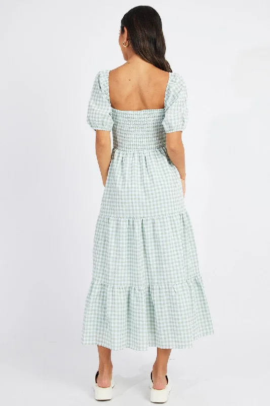 Green Check Maxi Dress Short Sleeve Shirred