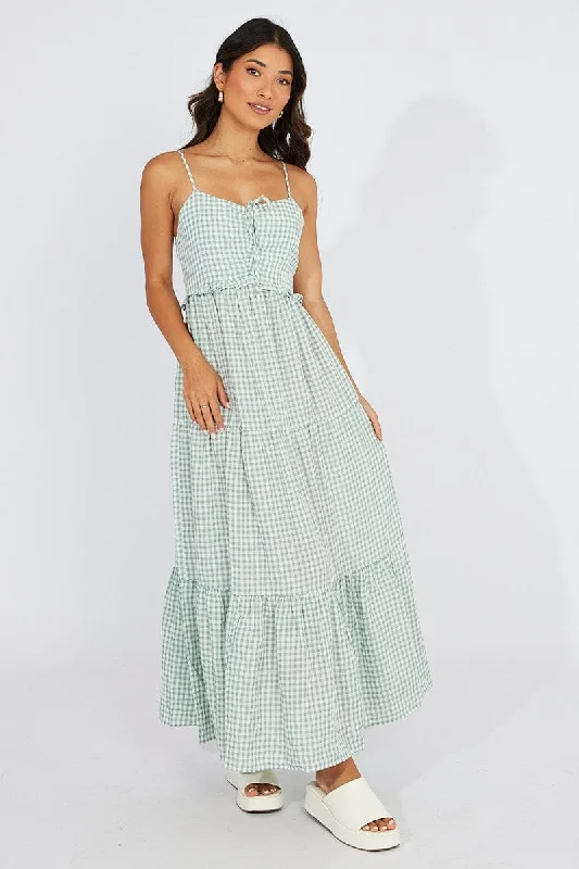 Green Check Maxi Dress Sleeveless Shirred Bust