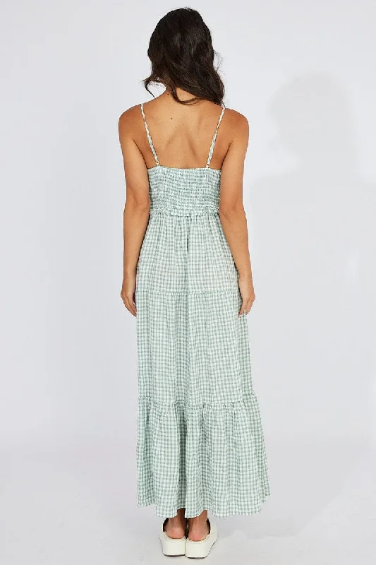 Green Check Maxi Dress Sleeveless Shirred Bust