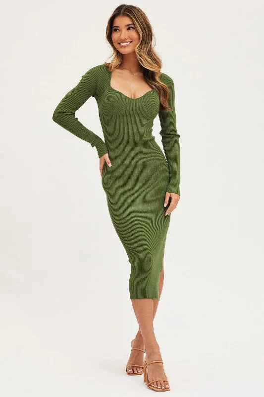 Green Dress Long Sleeve Mini Sweet Heart Knit