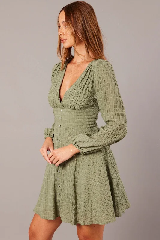 Green Fit And Flare Dress Long Sleeve