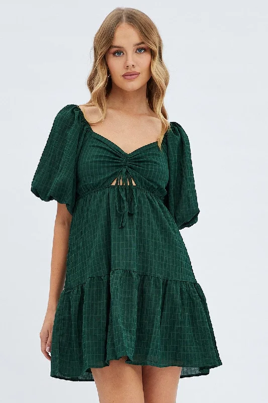 Green Fit And Flare Dress Mini Ruched Bust