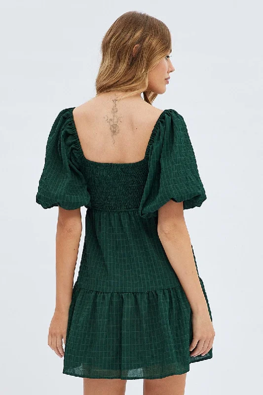 Green Fit And Flare Dress Mini Ruched Bust