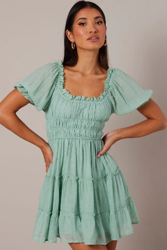 Green Fit And Flare Dress Puff Sleeve