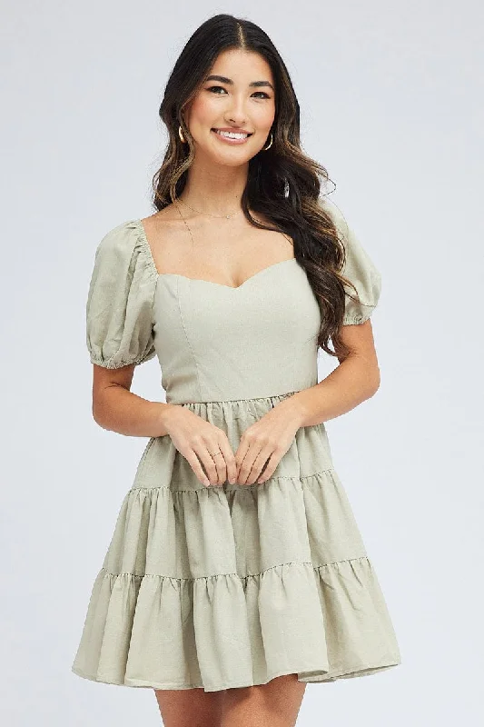 Green Fit And Flare Dress Puff Sleeve Mini