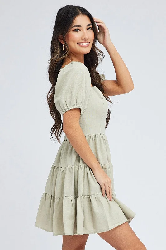 Green Fit And Flare Dress Puff Sleeve Mini