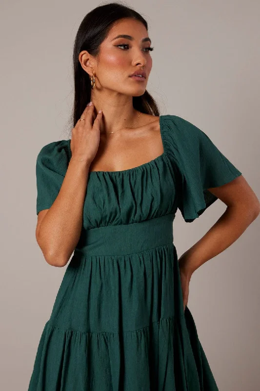 Green Fit And Flare Dress Short Sleeve