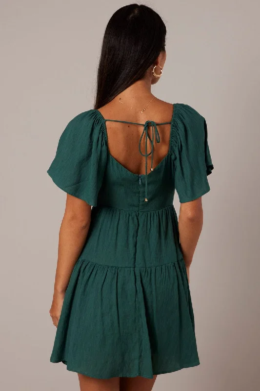 Green Fit And Flare Dress Short Sleeve